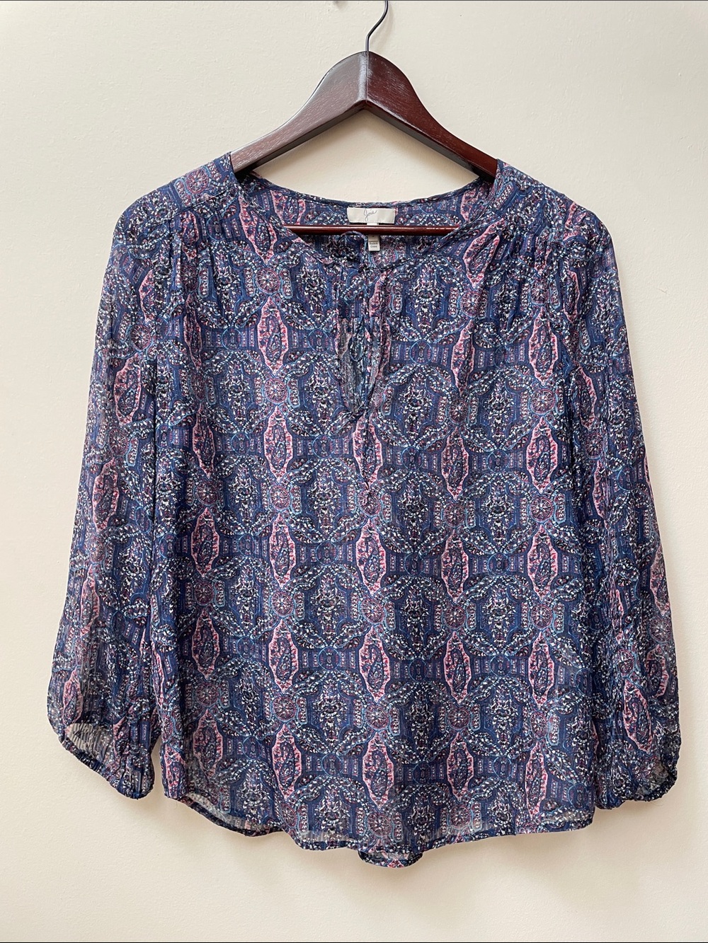Joie Silk Blend Navy and Pink Patterned Long-Sleeve Blouse